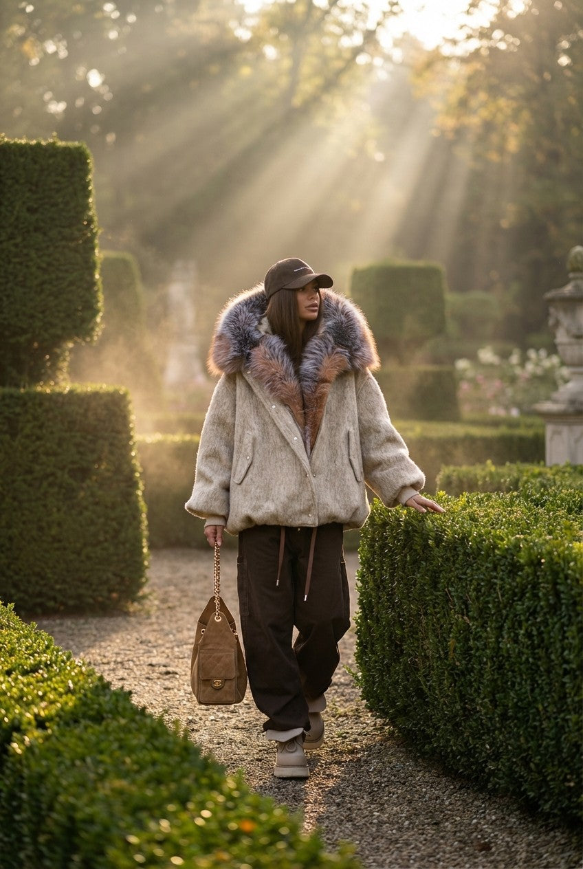 Women's Textured Wool Blend Jacket With Oversized Statement Fur Hood