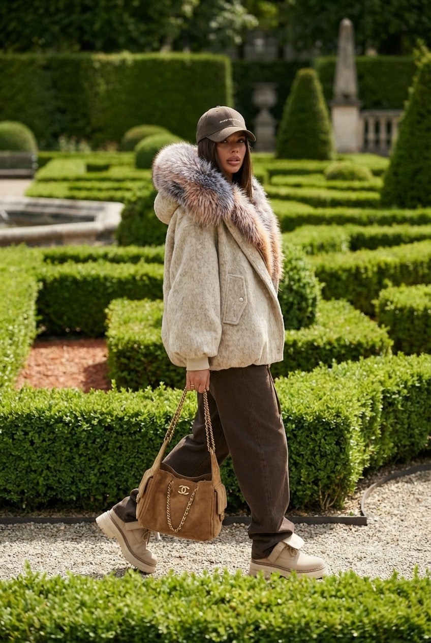 Women's Textured Wool Blend Jacket With Oversized Statement Fur Hood