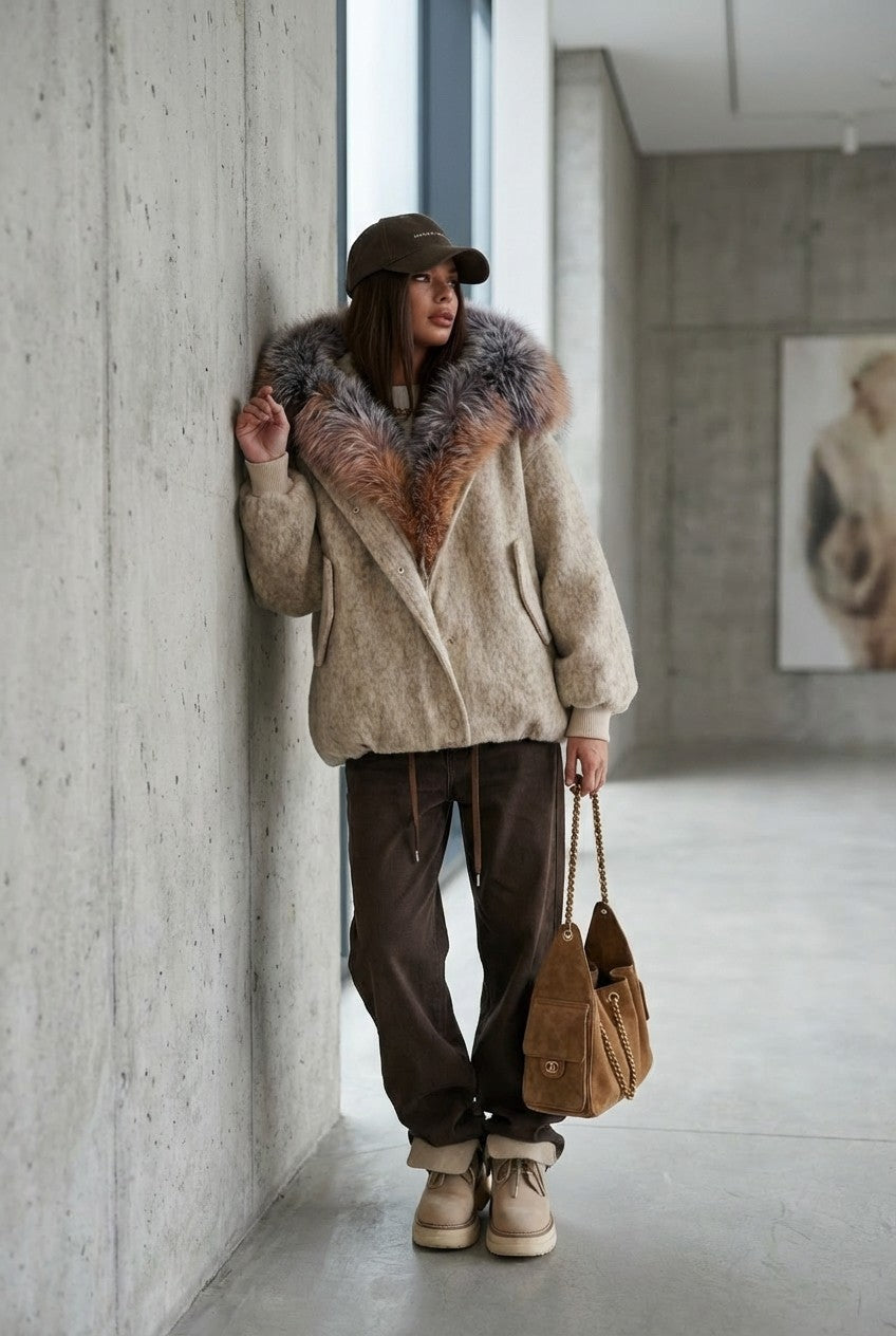 Women's Textured Wool Blend Jacket With Oversized Statement Fur Hood
