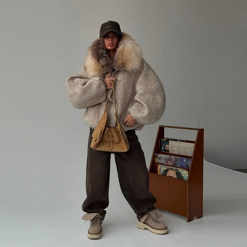 Luxury Faux Fur Hooded Wool-Blend Coat – Oversized Winter Jacket