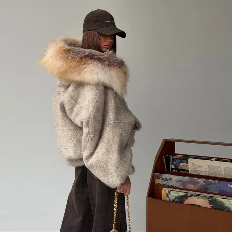 Luxury Faux Fur Hooded Wool-Blend Coat – Oversized Winter Jacket