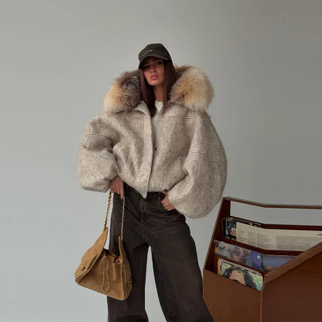 Luxury Faux Fur Hooded Wool-Blend Coat – Oversized Winter Jacket