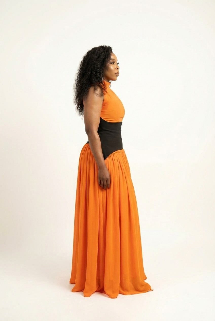 Women's High Neck Chiffon Maxi Dress with Contrasting Waist Panel