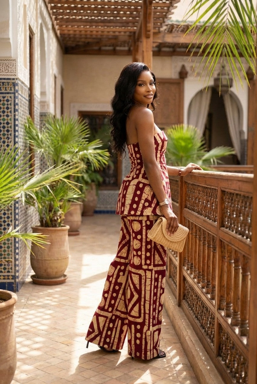 Burgundy Geometric Print Strapless Peplum Top and Wide Leg Pants Set