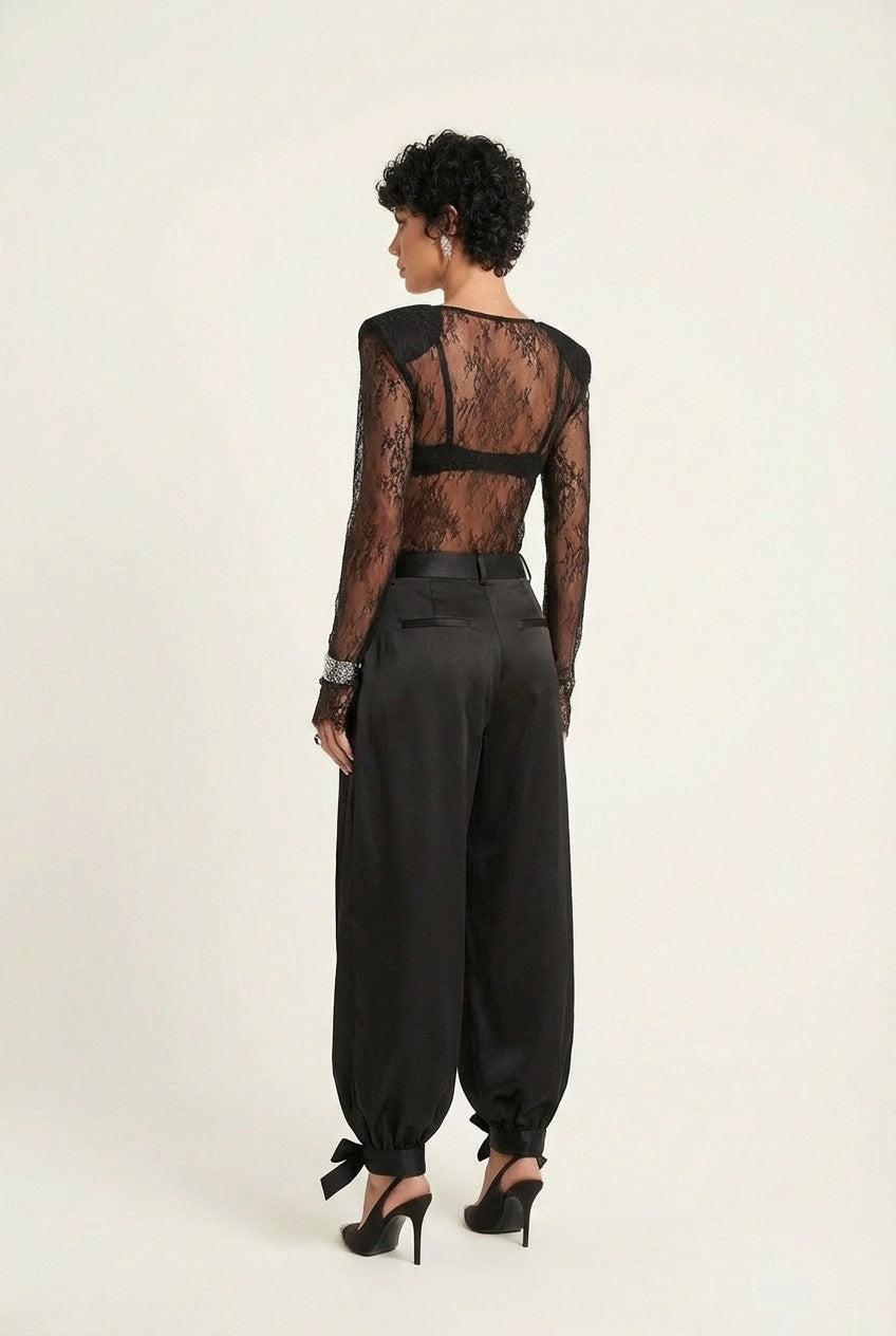 Women's Sheer Lace Blouse and Satin Bow Ankle Pants Two-Piece Set