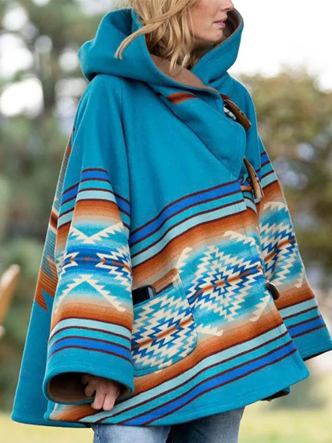Ethnic Geometric Print Hooded Coat.