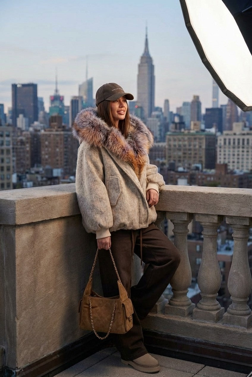 Women's Textured Wool Blend Jacket With Oversized Statement Fur Hood