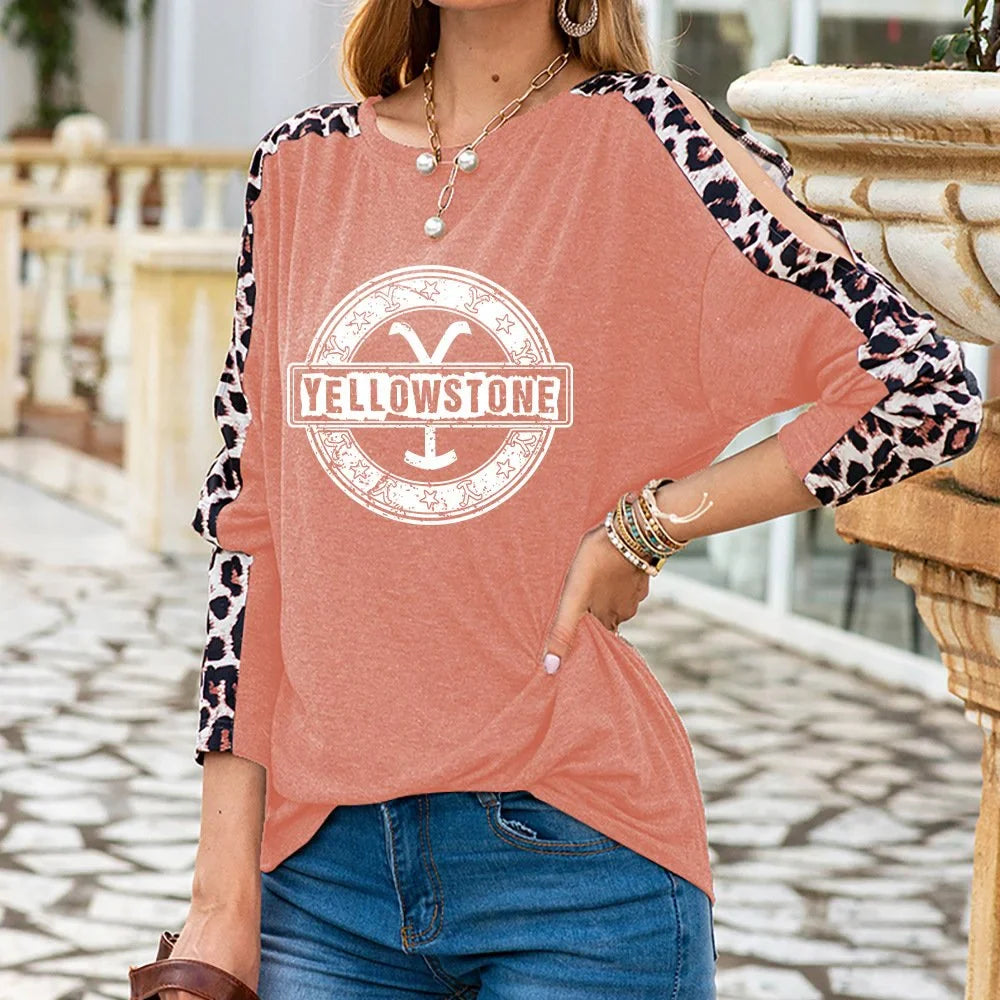 Custom fashion leopard two color long sleeve T-shirt