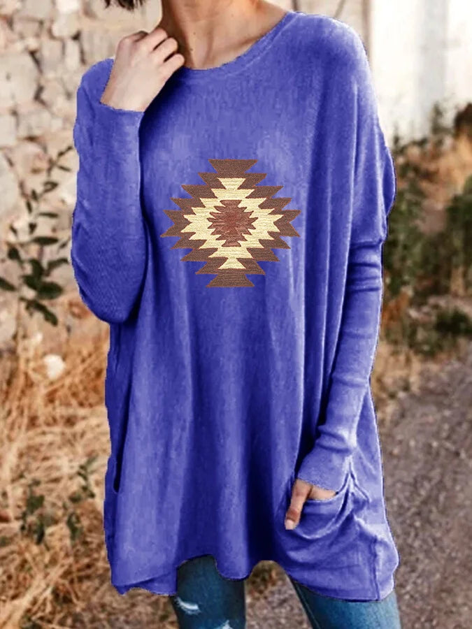 Women's Aztec Pattern Casual Long-Sleeved T-Shirt.