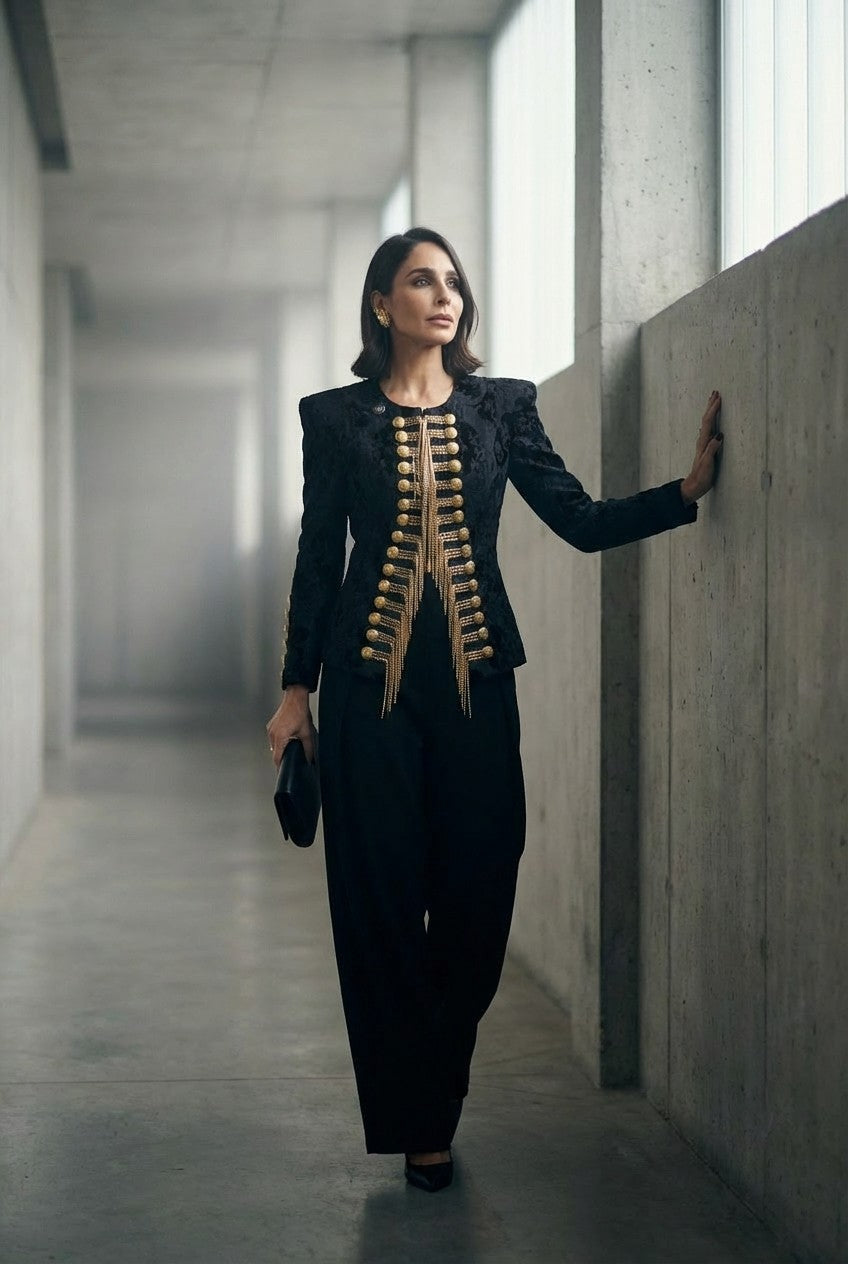 Women's Structured Black Jacquard Military Jacket with Gold Chains