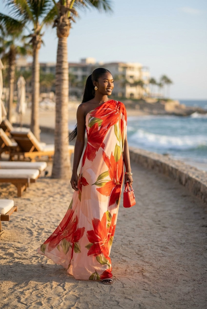 Women's Elegant Floral Chiffon One-Shoulder Maxi Dress, Flowing Evening Gown