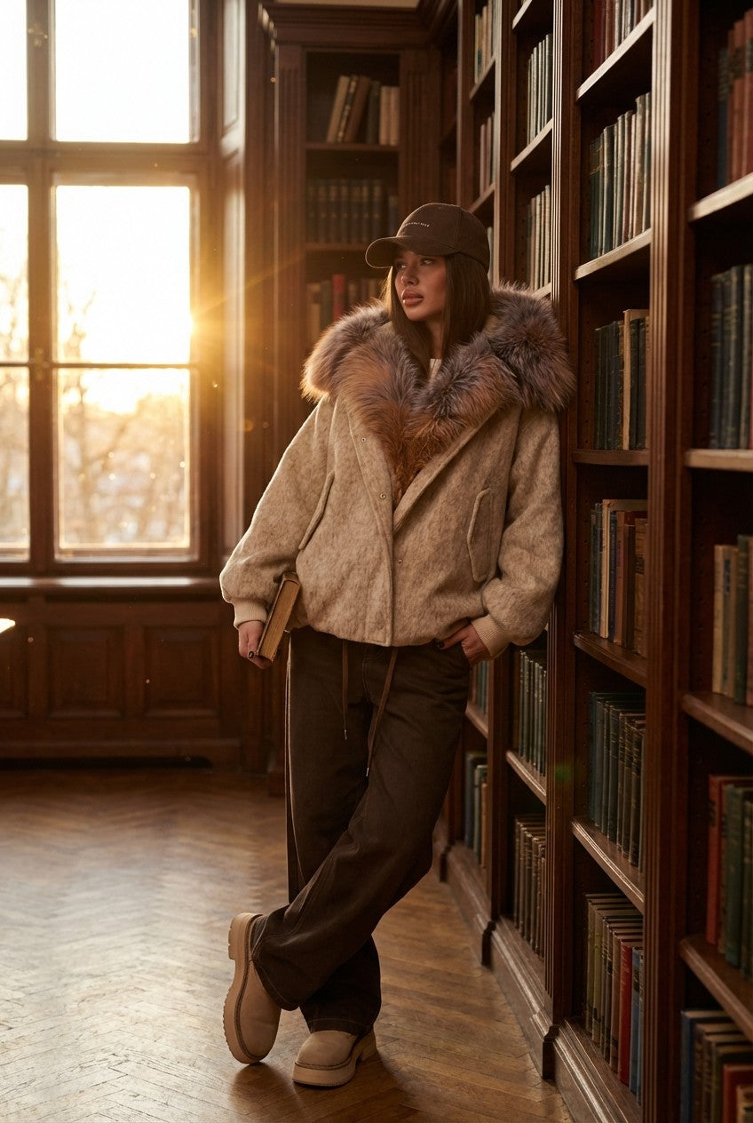 Women's Textured Wool Blend Jacket With Oversized Statement Fur Hood