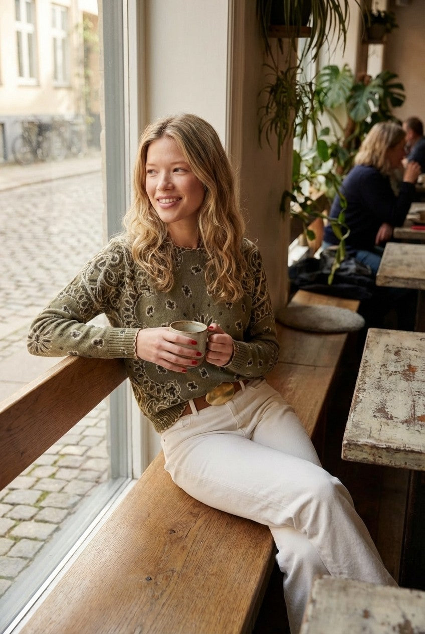 Women's Bandana Print Intarsia Knit Sweater Relaxed Western Vibe