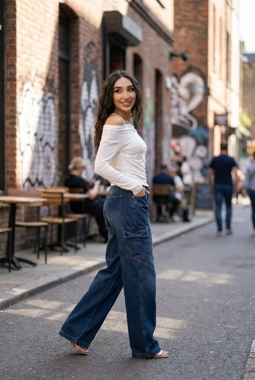 Women's High-Waisted Wide Leg Denim Cargo Jeans, Dark Wash