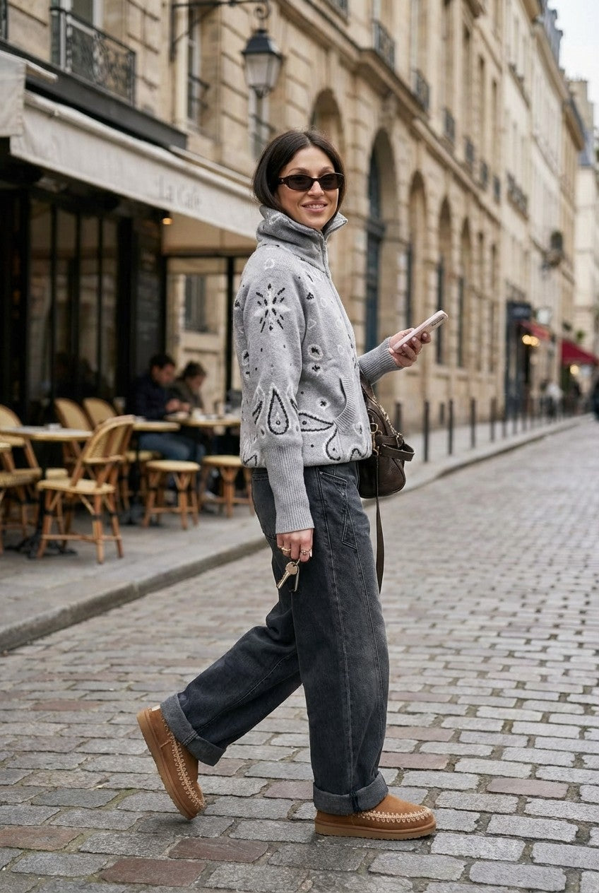 Women's Grey Bandana Jacquard Knit Zip-Up Sweater, High Neck