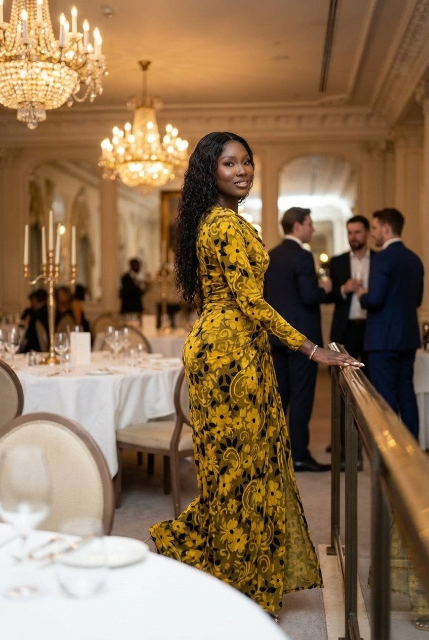 Women's Velvet Floral Maxi Dress with Ruched Knot Front, Evening