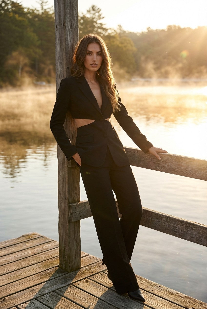 Women's Tailored Cutout Blazer and Wide Leg Trousers Two Piece Set