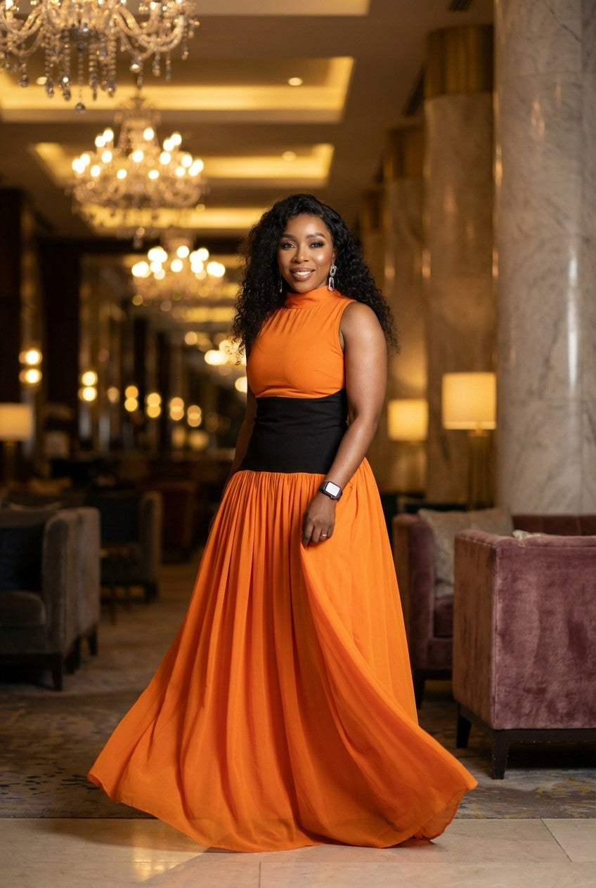 Women's High Neck Chiffon Maxi Dress with Contrasting Waist Panel