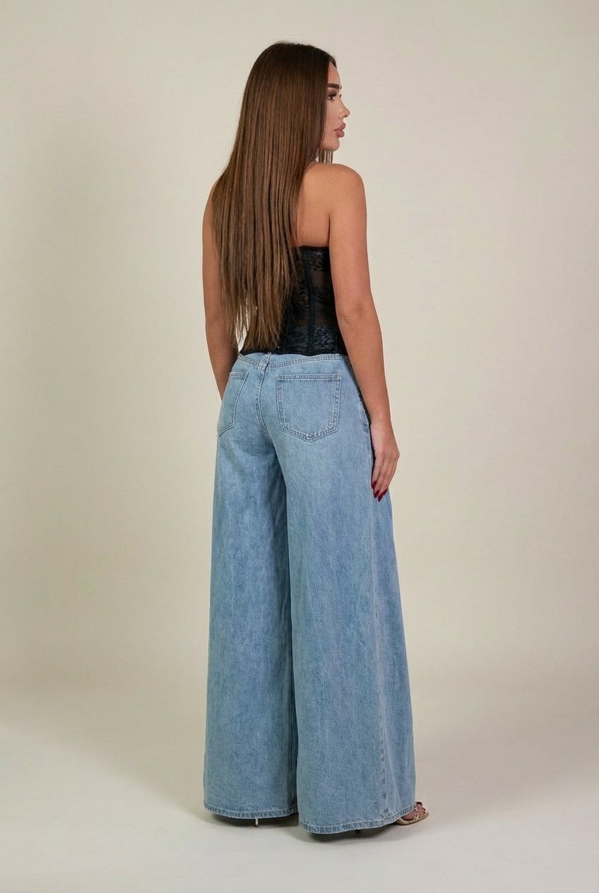 Women's High-Waisted Wide Leg Denim Jeans, Pleated Palazzo Fit