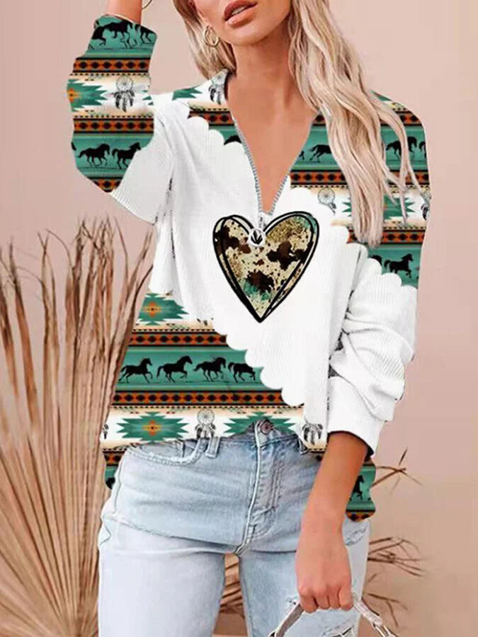 Women's Vintage Aztec Pattern Printed Casual Zip Neck Sweatshirt.