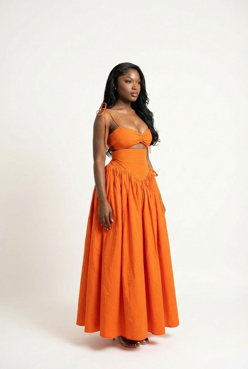 Orange Cotton Poplin Tie-Strap Crop Top And Maxi Skirt Set, Resort