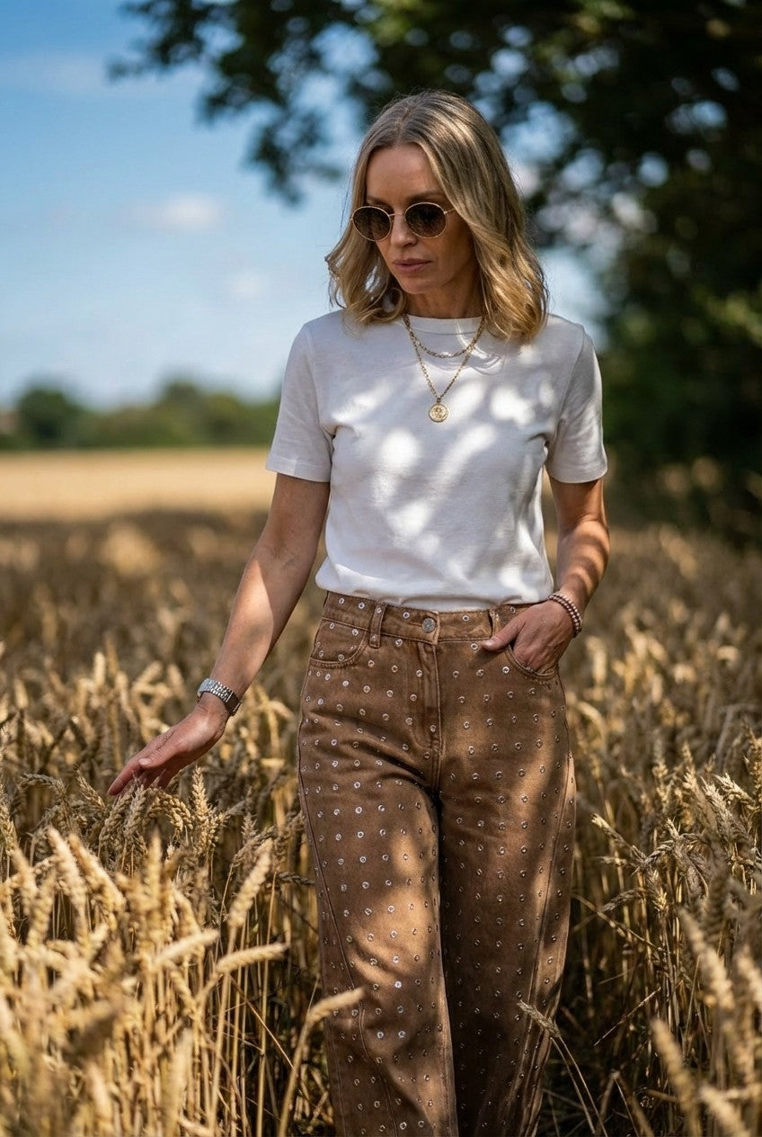 Women's Grommet Detailed Cotton Pants Wide Leg High Waisted Streetwear