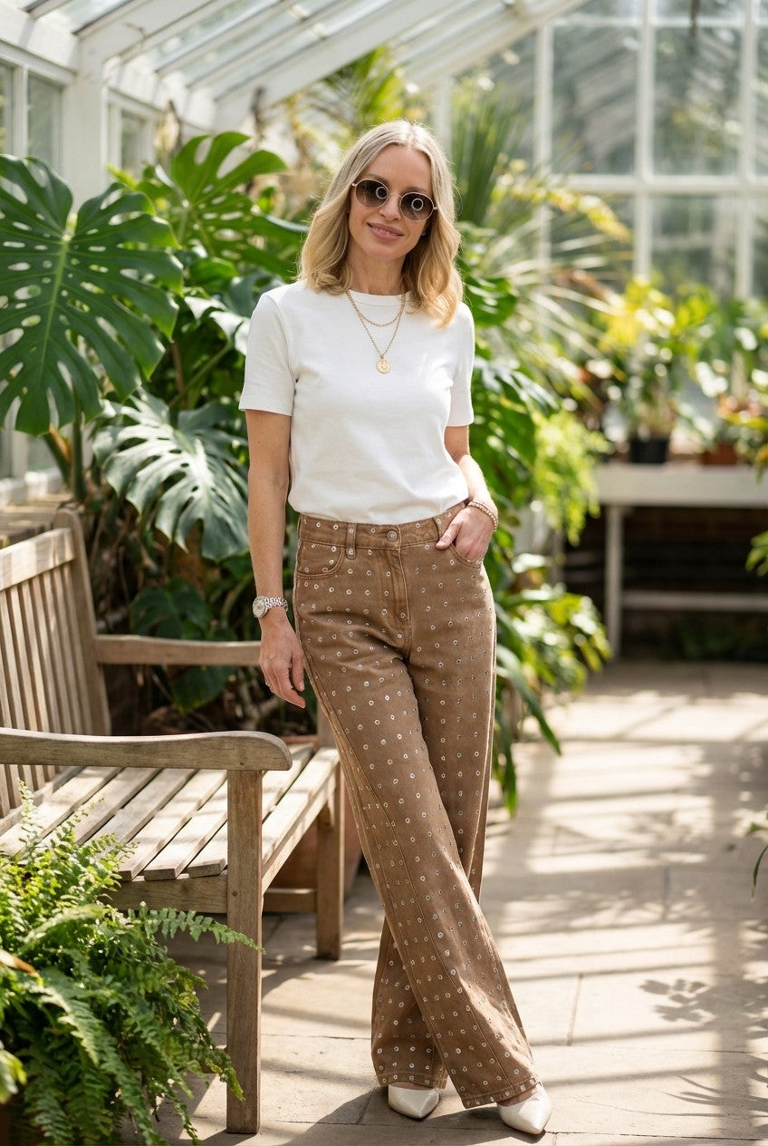 Women's Grommet Detailed Cotton Pants Wide Leg High Waisted Streetwear