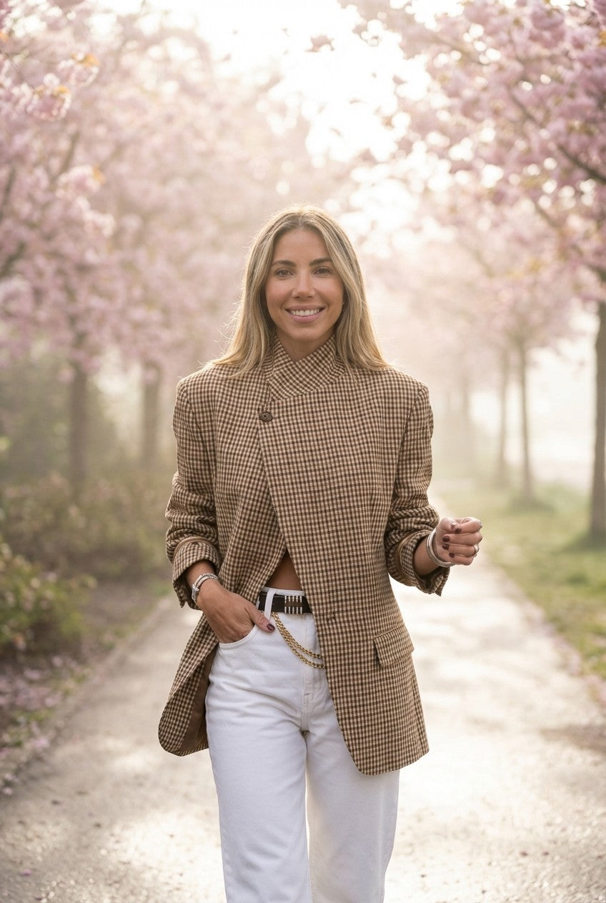 Women's Checkered Asymmetric Wrap Blazer, High Neck Cross-Over Style