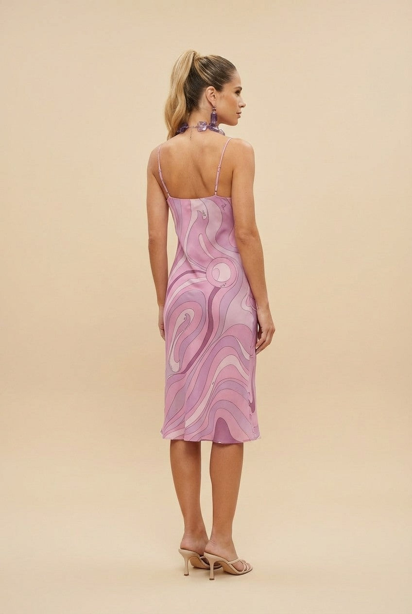 Women's Pink Abstract Swirl Satin Slip Dress, V-Neck Midi Length