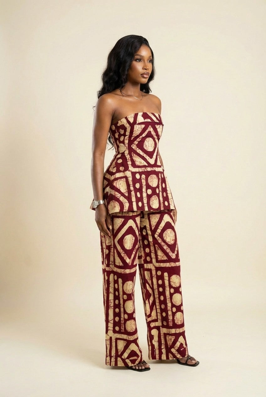 Burgundy Geometric Print Strapless Peplum Top and Wide Leg Pants Set