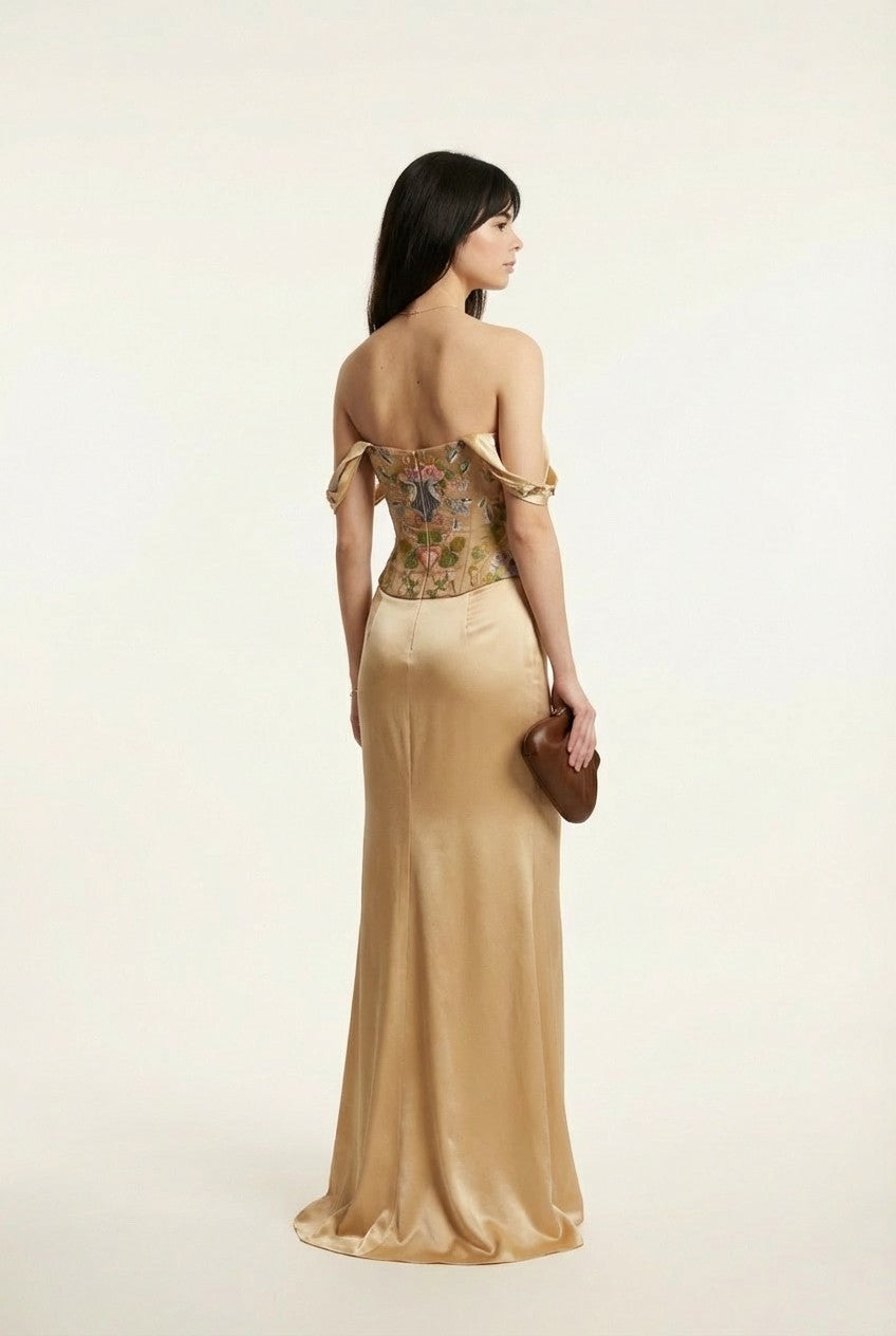 Women's Elegant Floral Embroidered Satin Corset Gown with Draped Sleeves