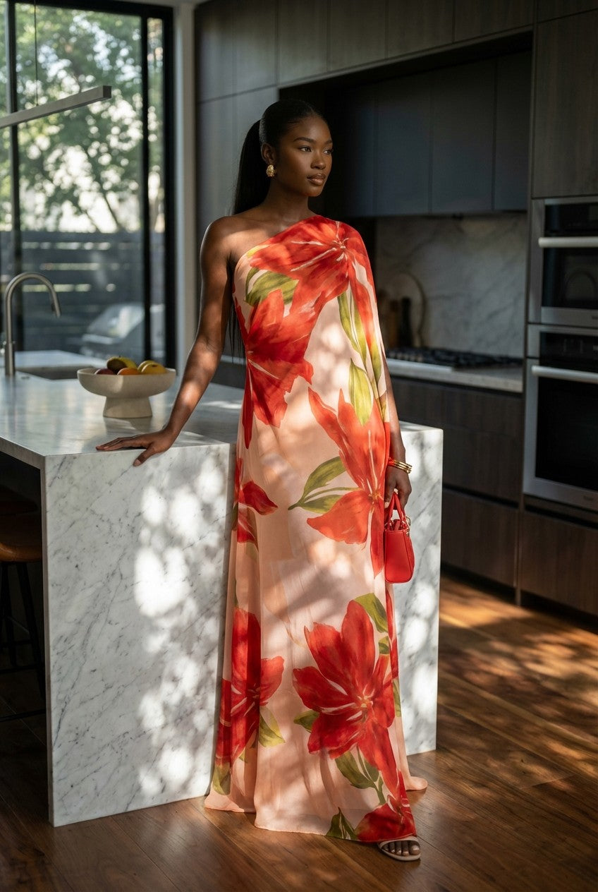 Women's Elegant Floral Chiffon One-Shoulder Maxi Dress, Flowing Evening Gown