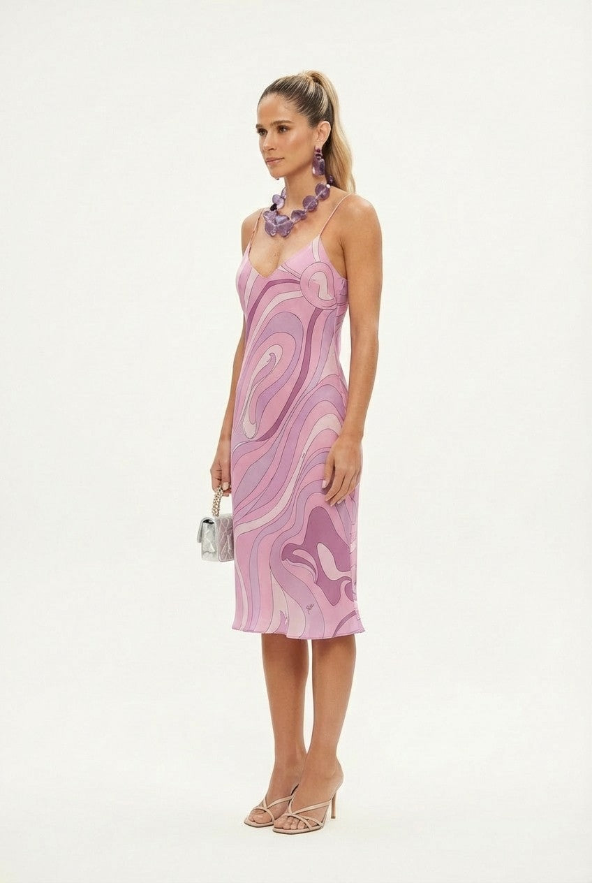 Women's Pink Abstract Swirl Satin Slip Dress, V-Neck Midi Length