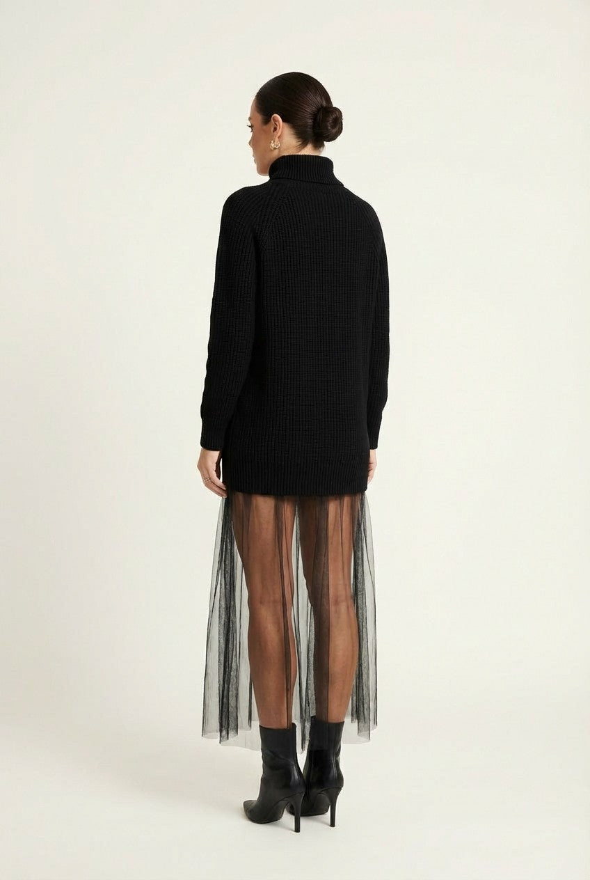 Women's Ribbed Knit Turtleneck Dress With Sheer Tulle Hem