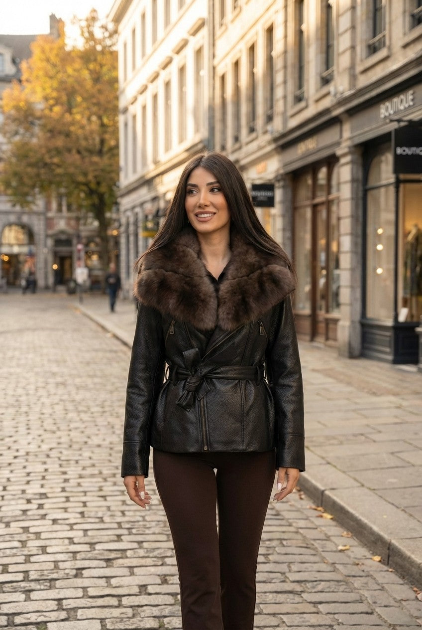 Women's Pebbled Leather Belted Jacket with Faux Fur Trim Collar