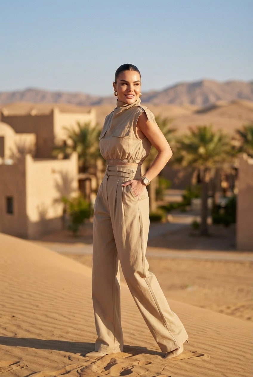 Women's Utility Cotton Cropped Top and Wide Leg Trousers Set Minimalist