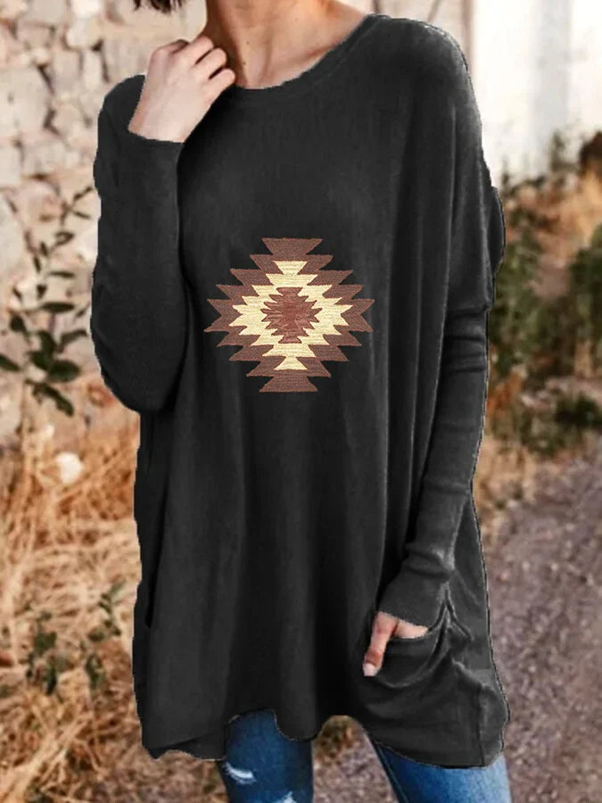 Women's Aztec Pattern Casual Long-Sleeved T-Shirt.