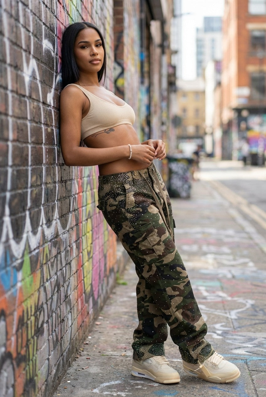 Women's Rhinestone Camo Cargo Pants, Wide Leg Streetwear