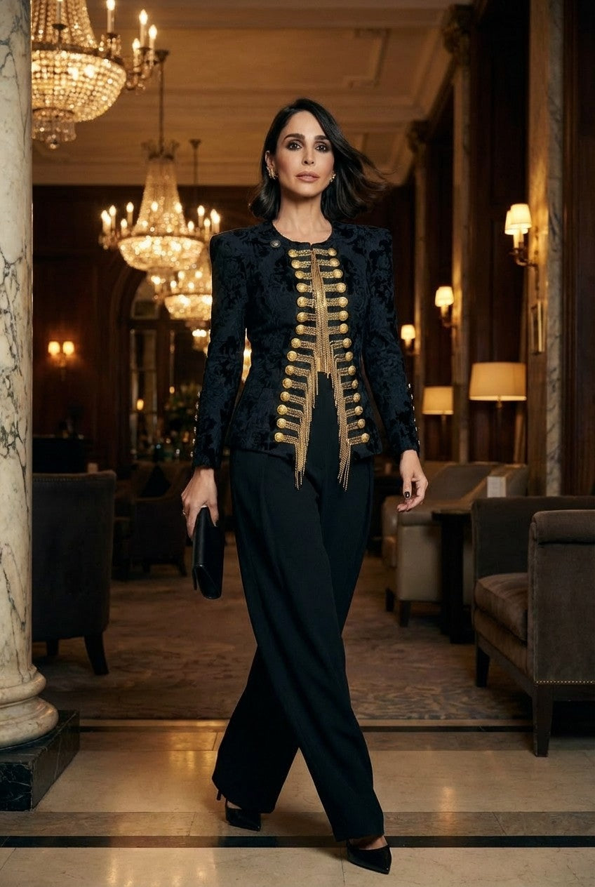 Women's Structured Black Jacquard Military Jacket with Gold Chains