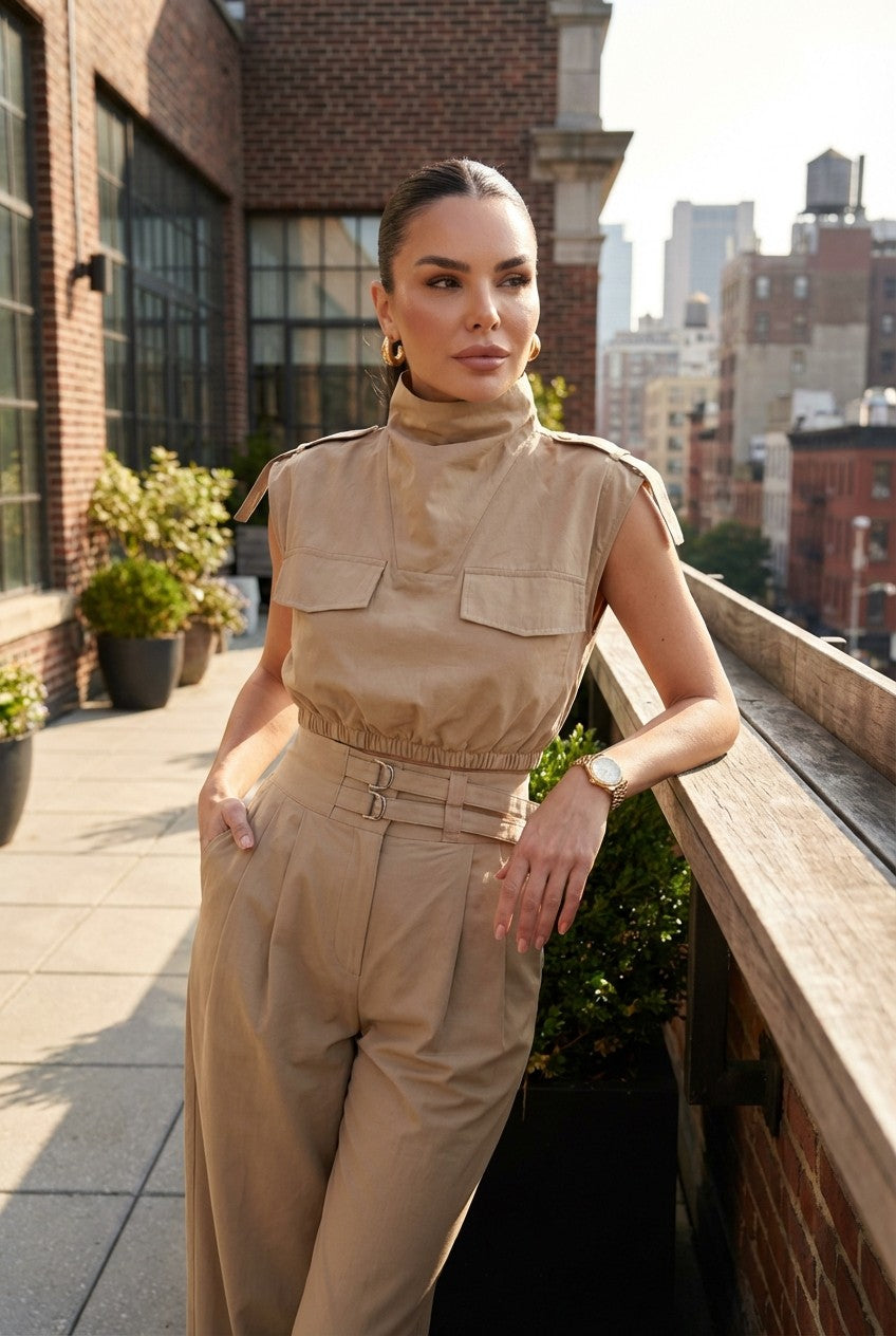 Women's Utility Cotton Cropped Top and Wide Leg Trousers Set Minimalist