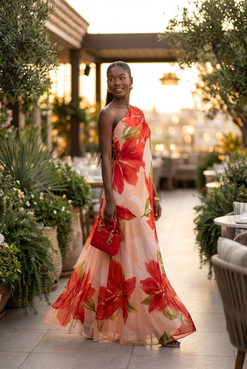 Women's Elegant Floral Chiffon One-Shoulder Maxi Dress, Flowing Evening Gown