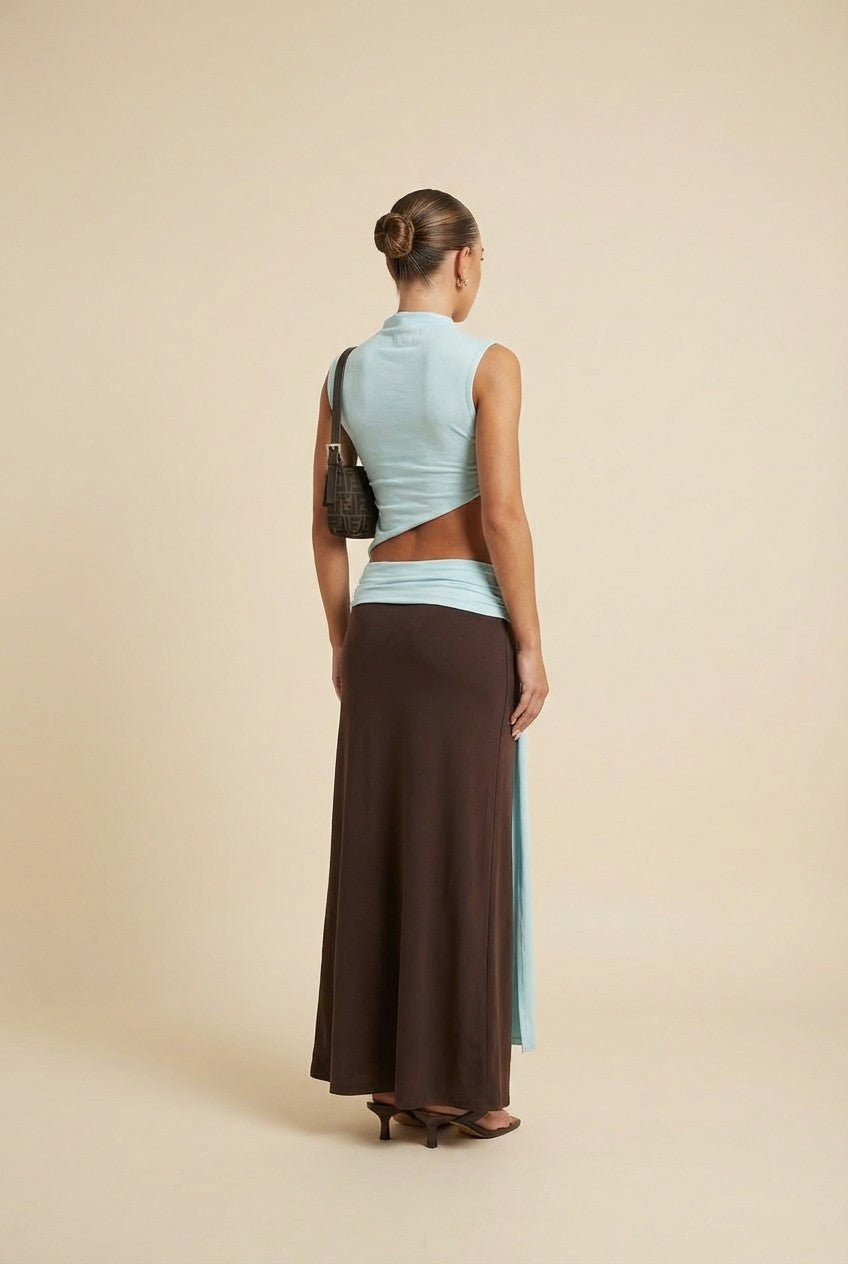 Color Block Asymmetric Ruched Two Piece Maxi Skirt Set