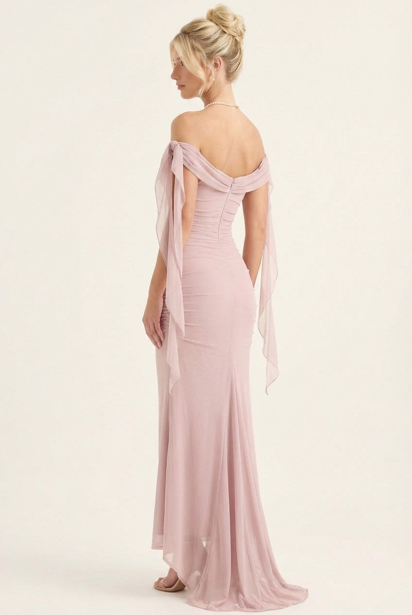 Elegant Blush Ruched Mesh Maxi Dress, Off-Shoulder Evening