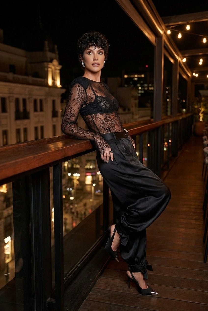 Women's Sheer Lace Blouse and Satin Bow Ankle Pants Two-Piece Set