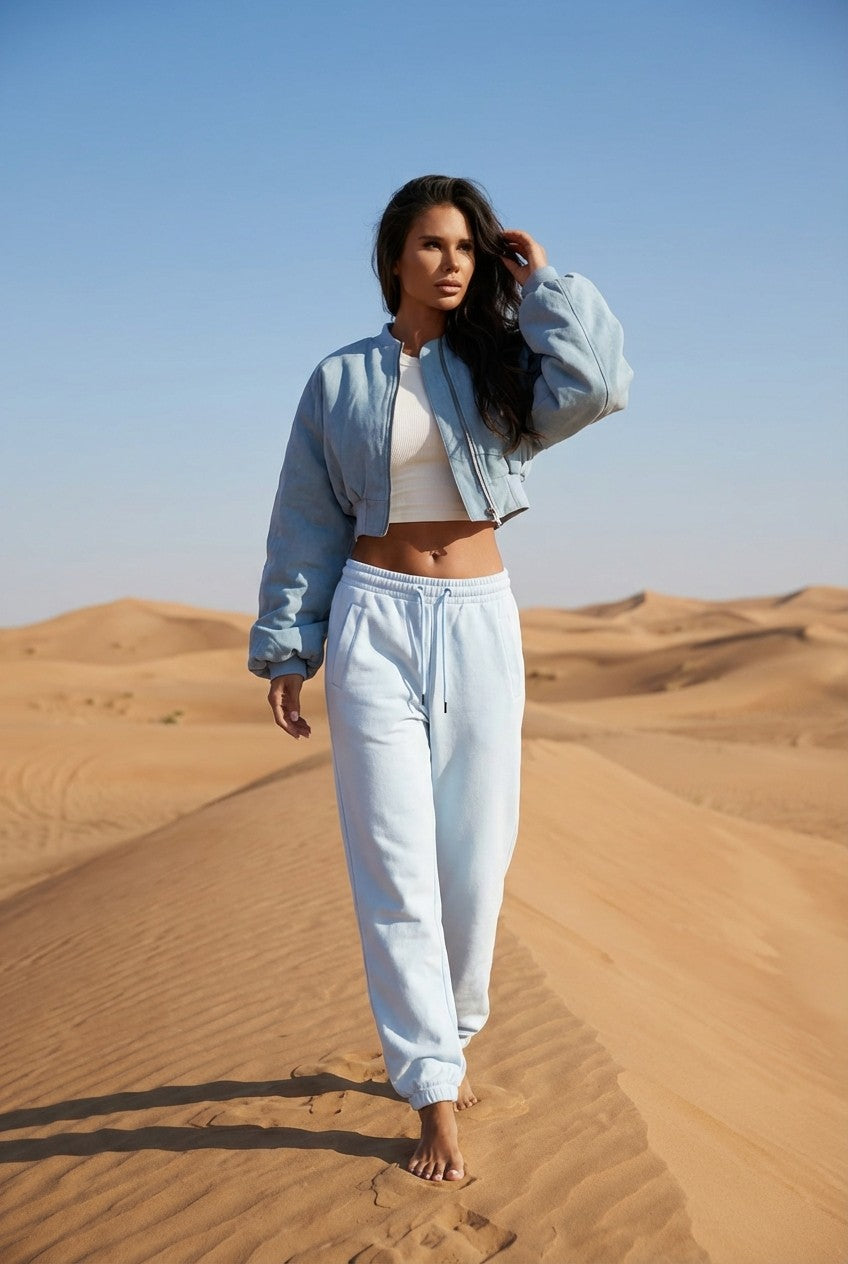Women's Soft Cropped Bomber Jacket and Joggers Set, Sky Blue