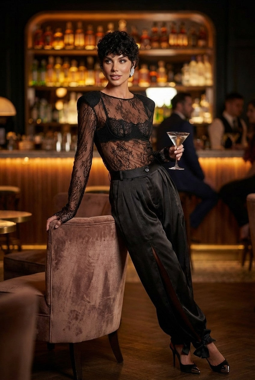 Women's Sheer Lace Blouse and Satin Bow Ankle Pants Two-Piece Set