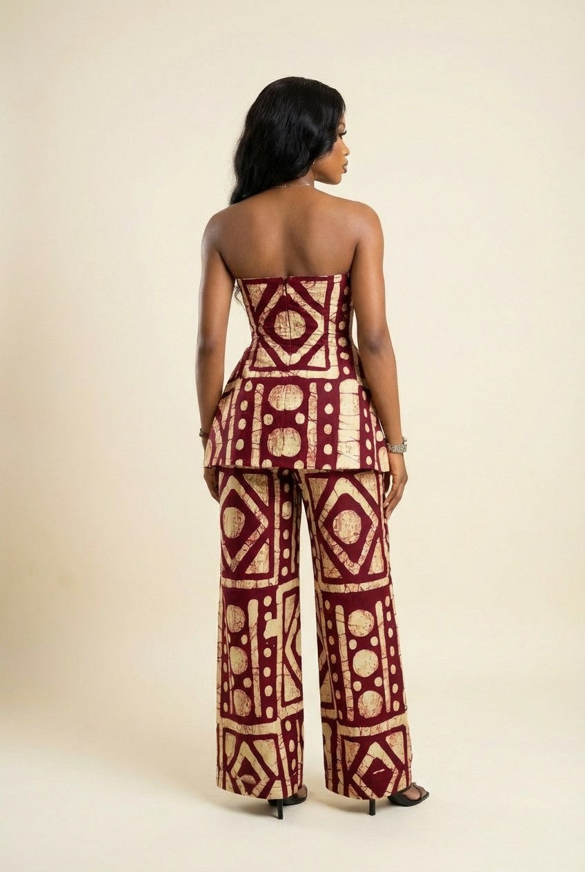 Burgundy Geometric Print Strapless Peplum Top and Wide Leg Pants Set