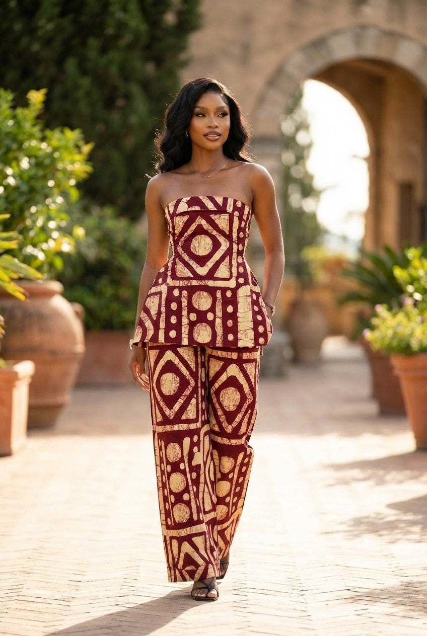 Burgundy Geometric Print Strapless Peplum Top and Wide Leg Pants Set