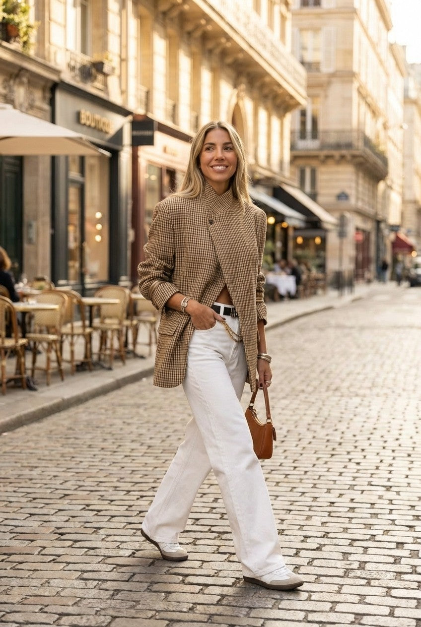 Women's Checkered Asymmetric Wrap Blazer, High Neck Cross-Over Style