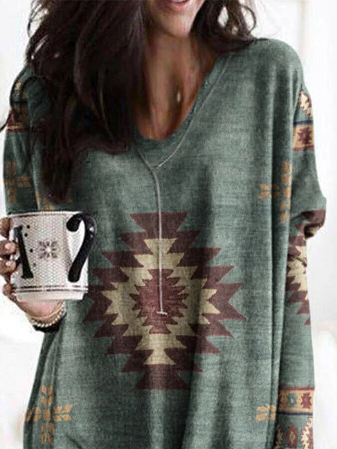 Ethnic Geometric Print Irregular Top.